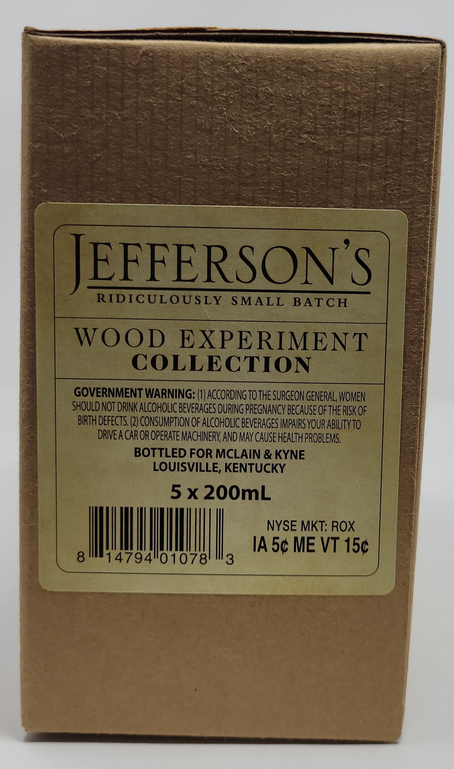 Jefferson's Ridiculously Small Batch = Wood Experiment. Set of 5 - Exp Numbers - 3, 4, 6, 10,12 Straight Bourbon Whiskey (200ml)